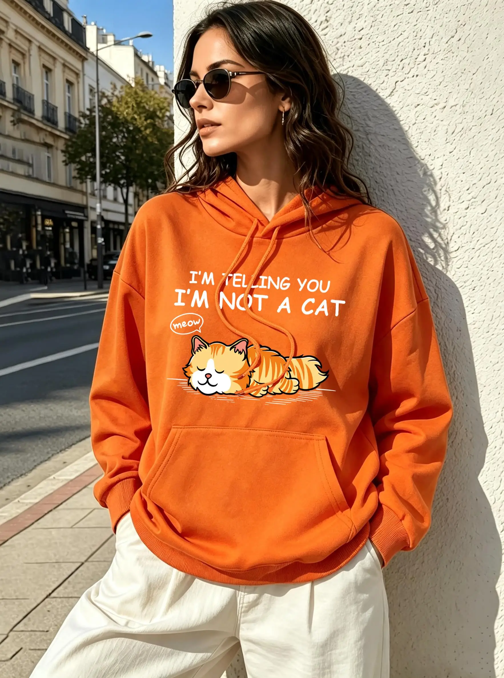 I'M Not A Cat Meow Orange Cat Pattern Women'S Autumn Casual Hoodie Soft Sport Pullover Cartoon Y2K Clothing Fashion Pocket Tops