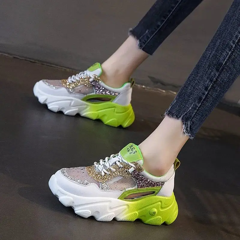 Ladies Shoes Mesh Breathable High On Platform Lace Up Women Footwear Green Chic Elegant Promotion Shoe Korean Light Trends 2024