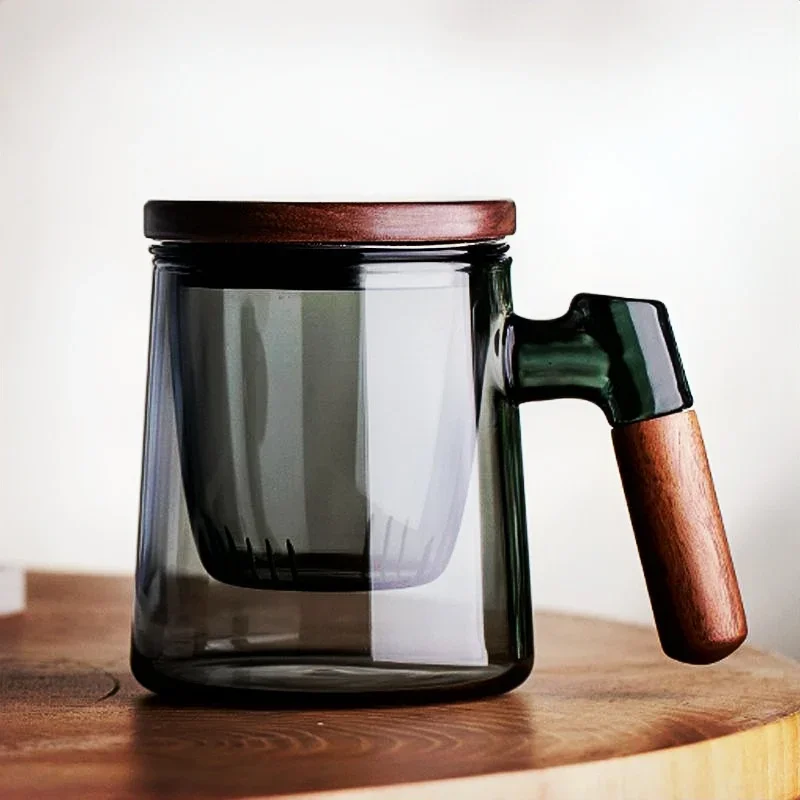 

400ml Walnut Wooden Handle Lid Filter Glass Tea Cup Tea Water Separation Scented Tea Cup Office Flower Tea Separation Tea Mug