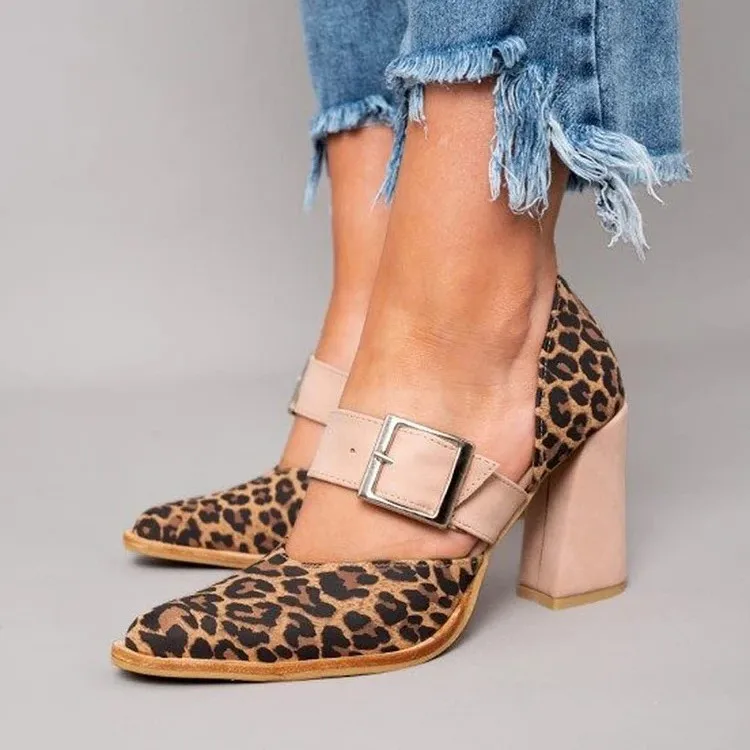 New Spring Fashion High Heel 40-43 Pointed Belt Buckle Leopard Print Hollow Women's Sandals