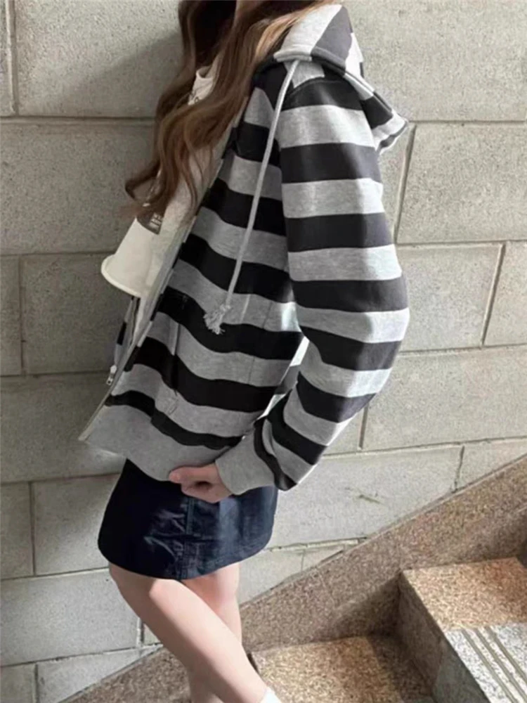 Casual Women Striped Sweatshirts 2023 Fall Ladies Fashion Long Sleeves Loose Hoodies Vintage Female Chic Pocket Oversize coats