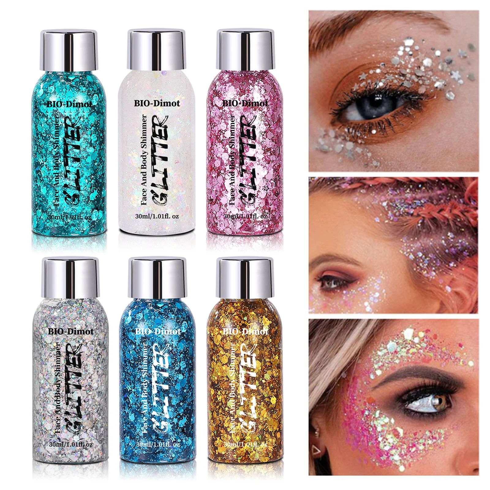 BIO-Dimot Shiny Silver 30g Glitzergel für Gesicht/Körper – vegan-freundlicher Sparkle Shimmer für Partys, Make-up, Cosplay, Nägel und Haut