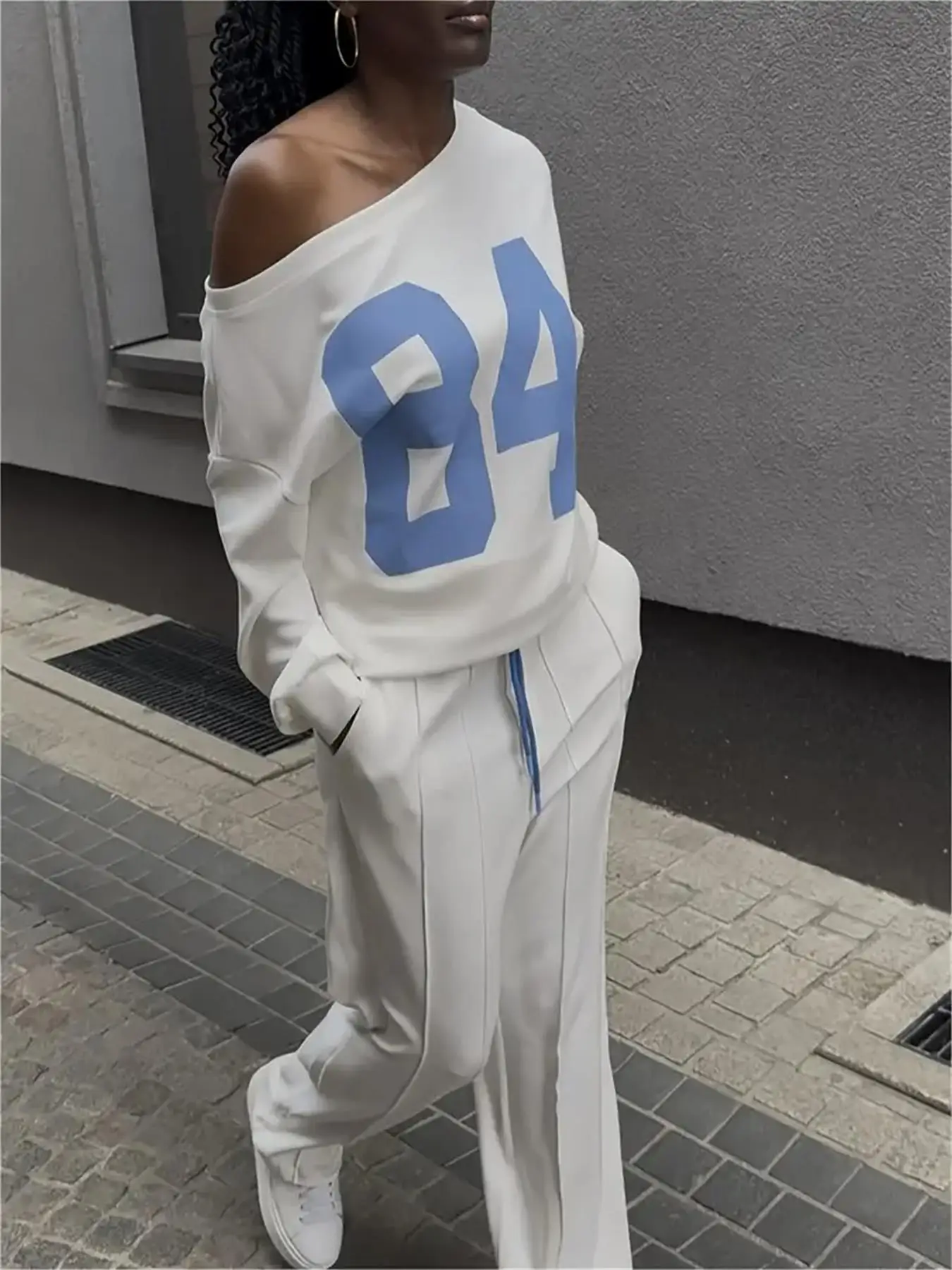 春と秋の女性用デジタルプリント長袖トップスとポケット付きウエストバンド付きパンツ