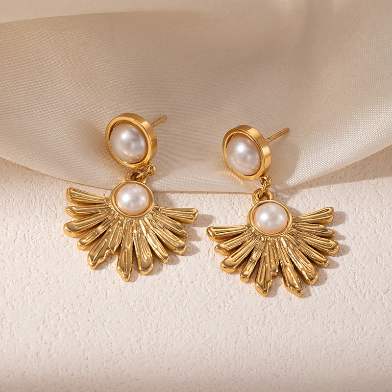 ANENJERY 316L Stainless Steel Starfish Vortex Fan-shape Pearl Pendant Earrings For Women French Elegant Jewelry Gift Wholesale