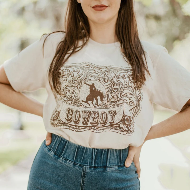 Cowboy Buckle T-shirt Vintage Cowboy Shirt Cowgirl T Shirt Unisex T-shirts Short Sleeve Women Graphic Tees Western Tshirt Top