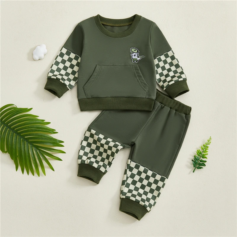 Baby Boys Outfits Newborn Long Sleeve Round Neck Dinosaur Embroidery Sweatshirt Pants Autumn Clothes Set Toddler 2 Piece Suits