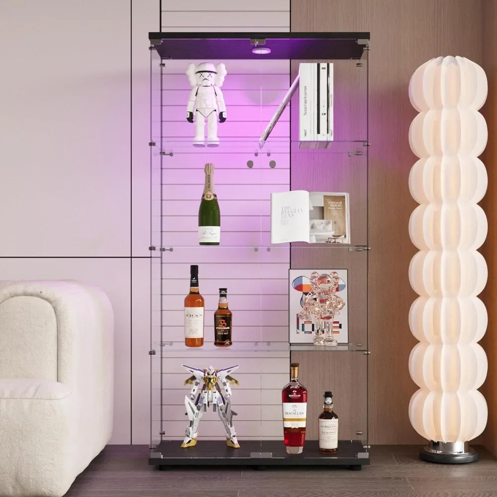 

Glass Display Cabinet with LED Lights and 4 Shelves, Double Doors Curio Cabinets Floor Standing Storage Collection Display Case