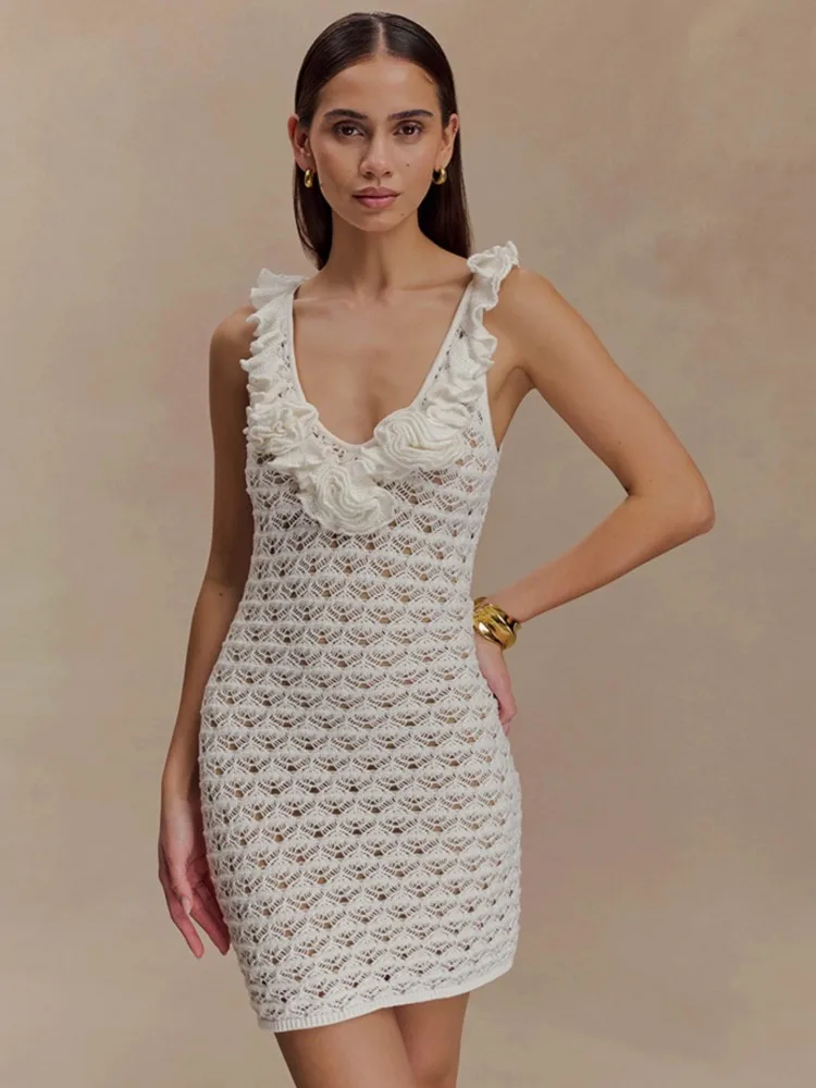 

Sexy Women Knit Beach Dress Hollow-Out V-Neck Sleeveless Bikini Cover-Ups Dress Holiday Dress 2026 Summer Swimwear Beach