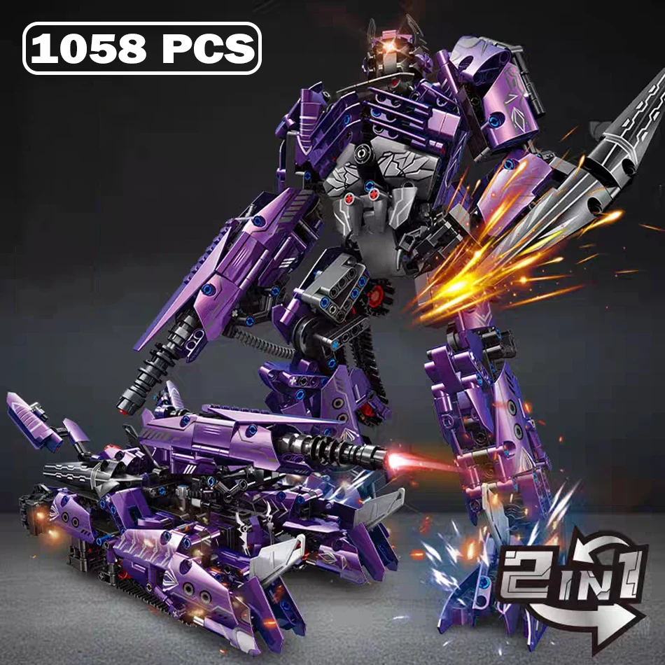 

MOC Creative 2 в 1, фиолетовые строительные блоки-трансформеры, аниме, механические доспехи, робот, фигурки, кирпичи, игрушки для детей, взрослых, подарок