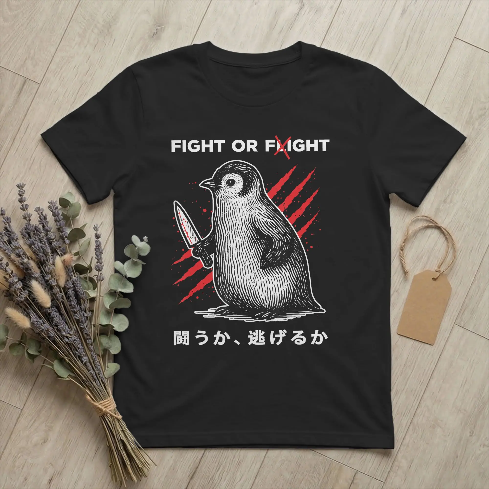 Men T-Shirts Fight Or Flight Penguin Dark Humor Cool 100% Cotton Tees Short Sleeve Meme Quote T Shirt Round Neck Tops Plus Size