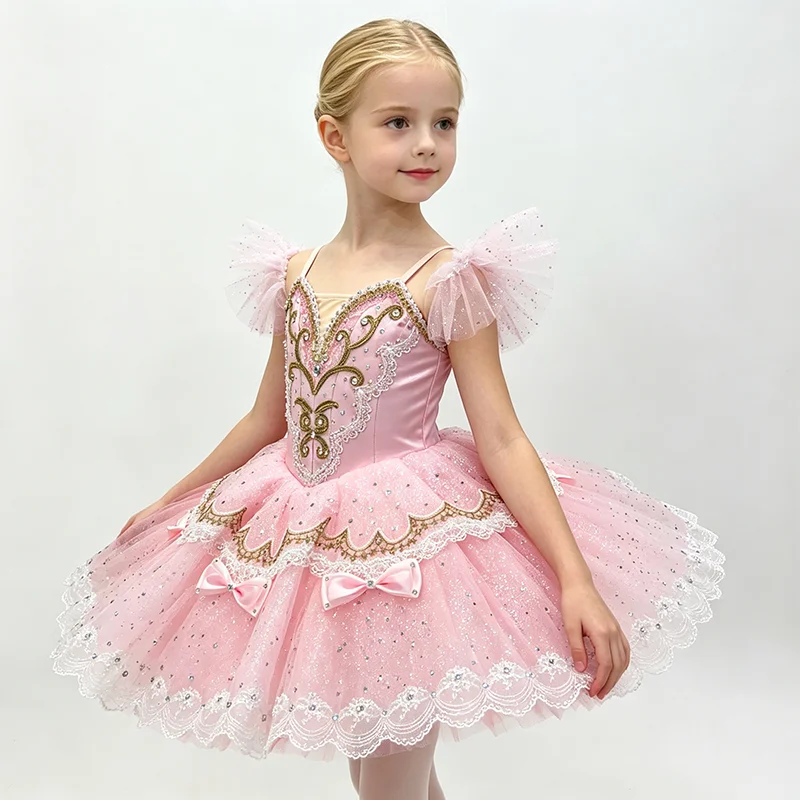 Women glitter tulle shoulder ornament thin strap heart V neck ballet tutu performance dress rhinestone gilded scroll embroidery