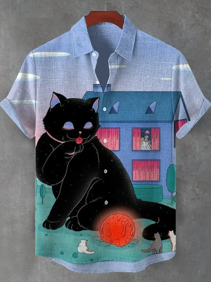 Men's Fun Cat 3D Print Hawaiian Shirt Unisex American Comic Book Graffiti Hand-Painted Texture Rich Island Leisure Atmosphere