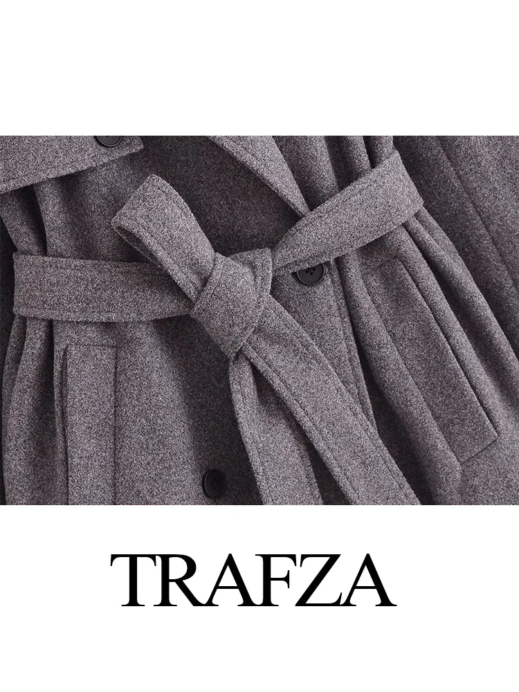 TRAFZA-Manteau Décontracté en Laine pour Femme, Poches Grises, Col Rabattu, Manches sulf, Double Boutonnage, Ceinture, Automne