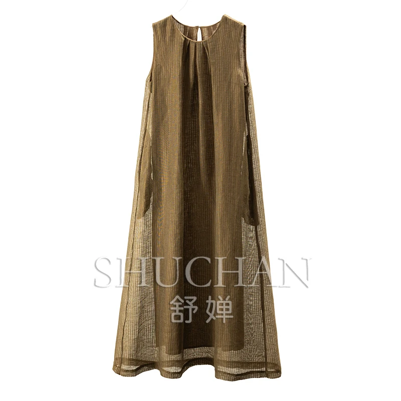 

New Low-key Luxury, French Dyed Striped Fine Flash Silver Linen A-word Tank Dress Women's 71B9 vestidos de fiesta