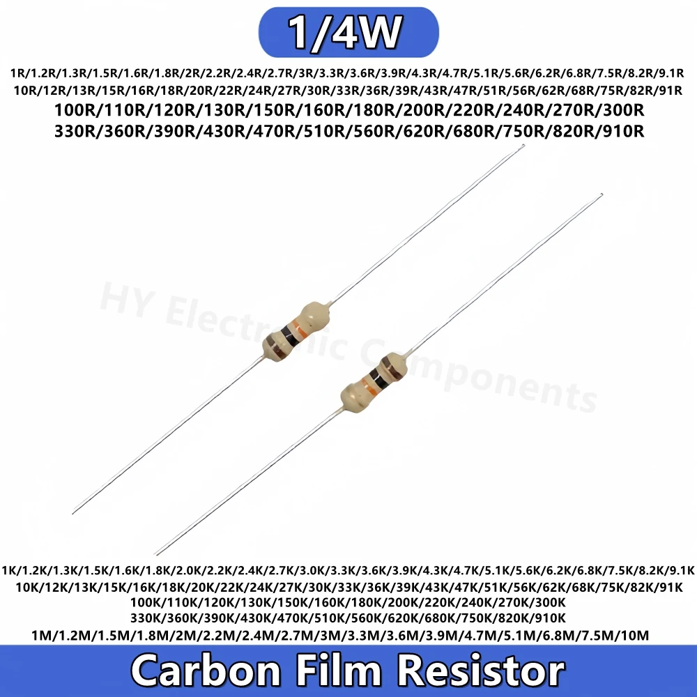 1000PCS 1/4W Carbon Film Resistor 5% 1R 1M 10R 100R 220R 330R 1K 2.2K 3.3K 4.7 6.8K 10K 22K 47K 100K 10 100 220 330 470 910 ohm