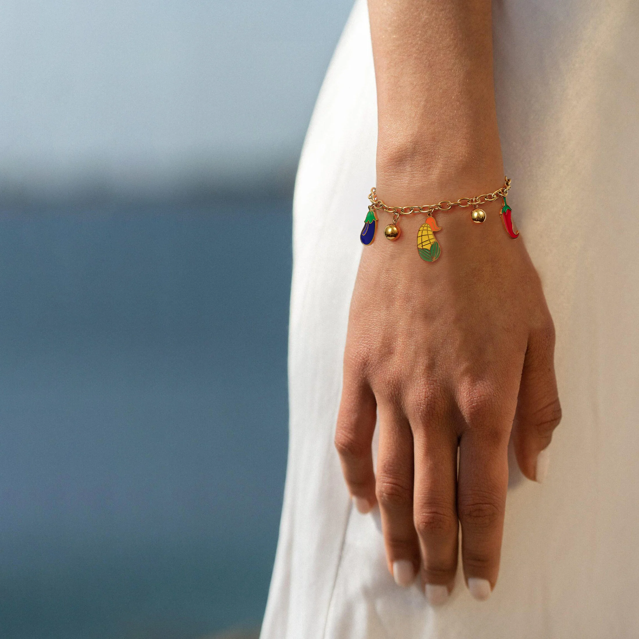 Golden Tone Stainless Steel Vegetable Charm Bracelet with Enamel Pepper and Corn Pendants for Women