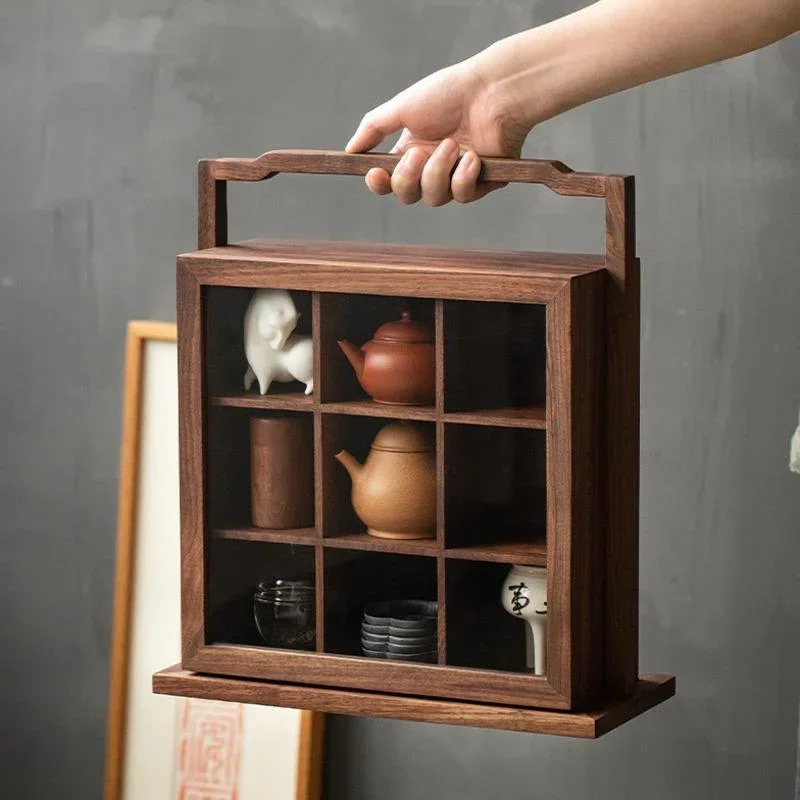 

Multi-treasure Cabinet Wood Storage Rack, Black Walnut with Door, Cup Holder, Home Small Bo, Ancient Shelf, Tea Set Display Rack