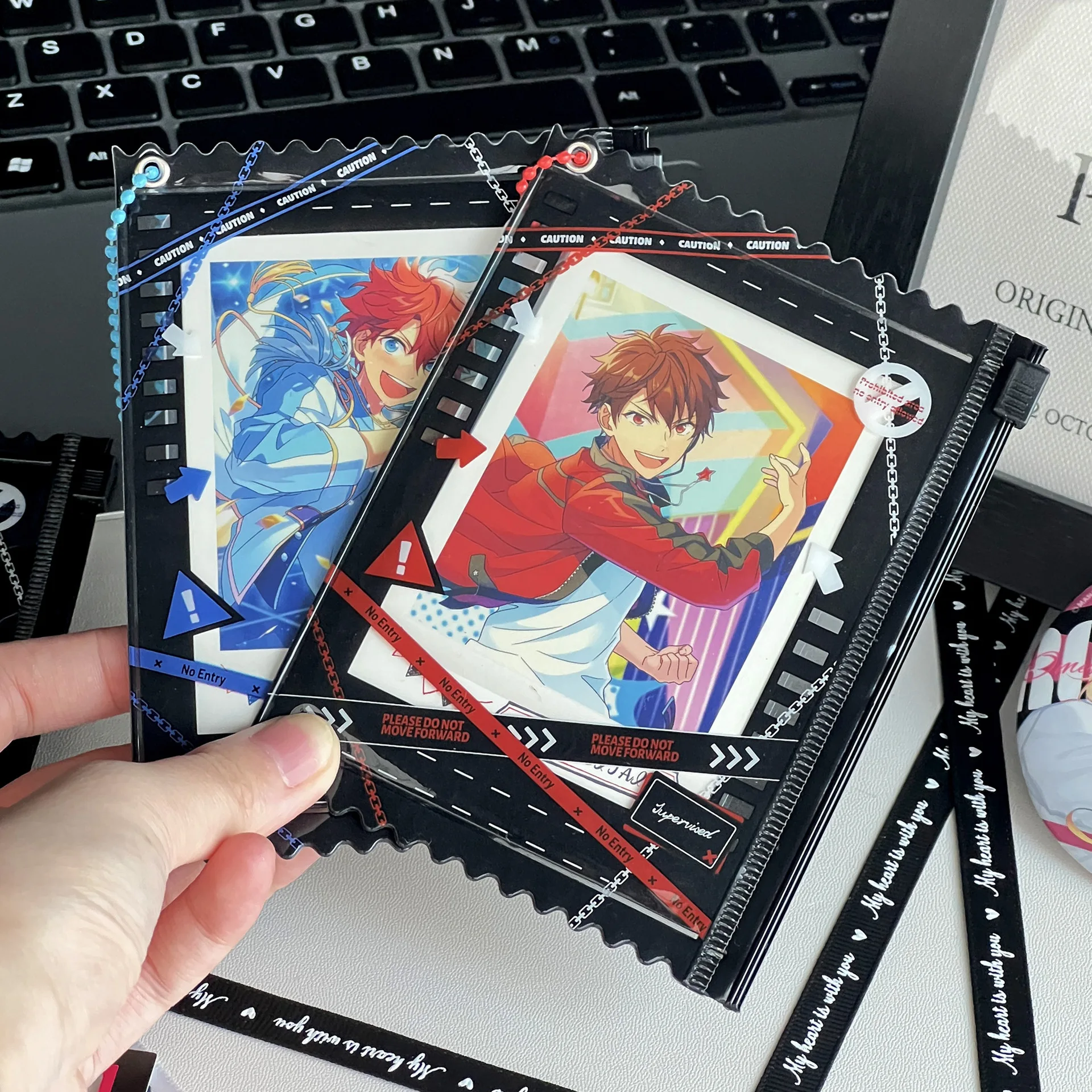 MINKYS-línea de advertencia Kawaii, soporte para sesión fotográfica Kpop de 3 pulgadas, soporte para tarjetas fotográficas, bolsa colgante, papelería escolar