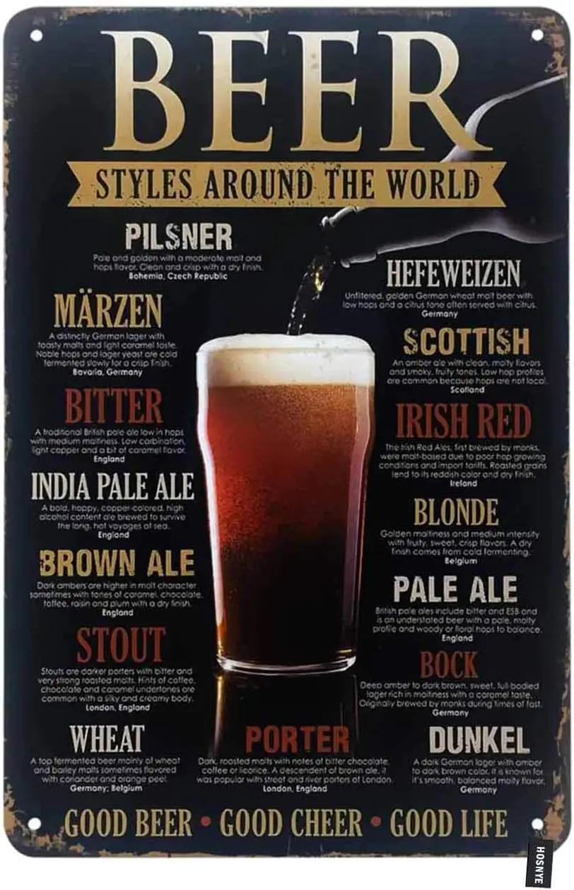 1p, HOSNYE Beer Menu Tin Sign Styles Around The World on Black Background Tin Sign Винтажные металлические жестяные вывески для мужчин и женщин Настенное искусство