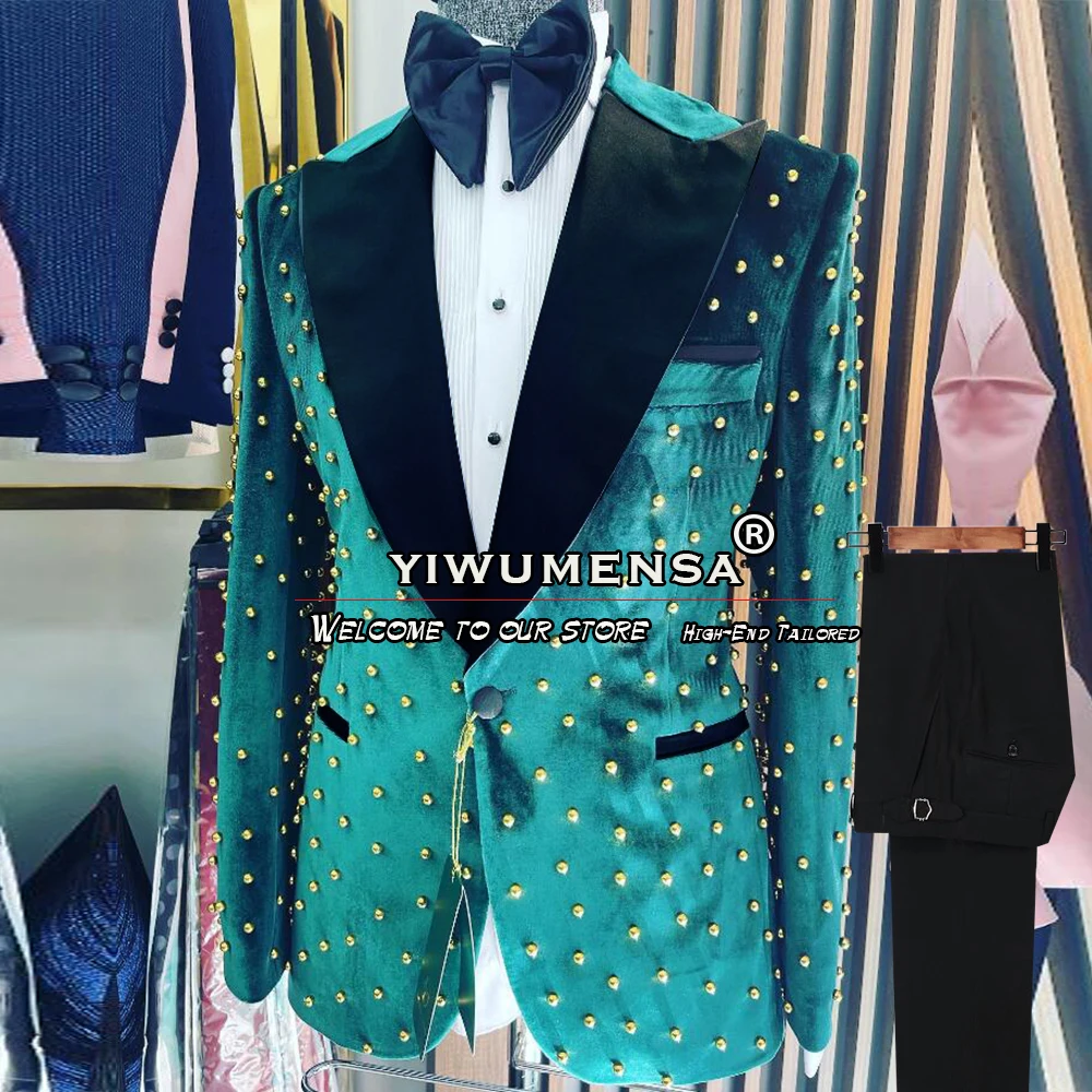 Luxury Boyfriend Suits For Wedding Gold Pearls Beaded Velvet Men Jacket Pants 2 Pieces Groom Wedding Tuxedos Customized 2025