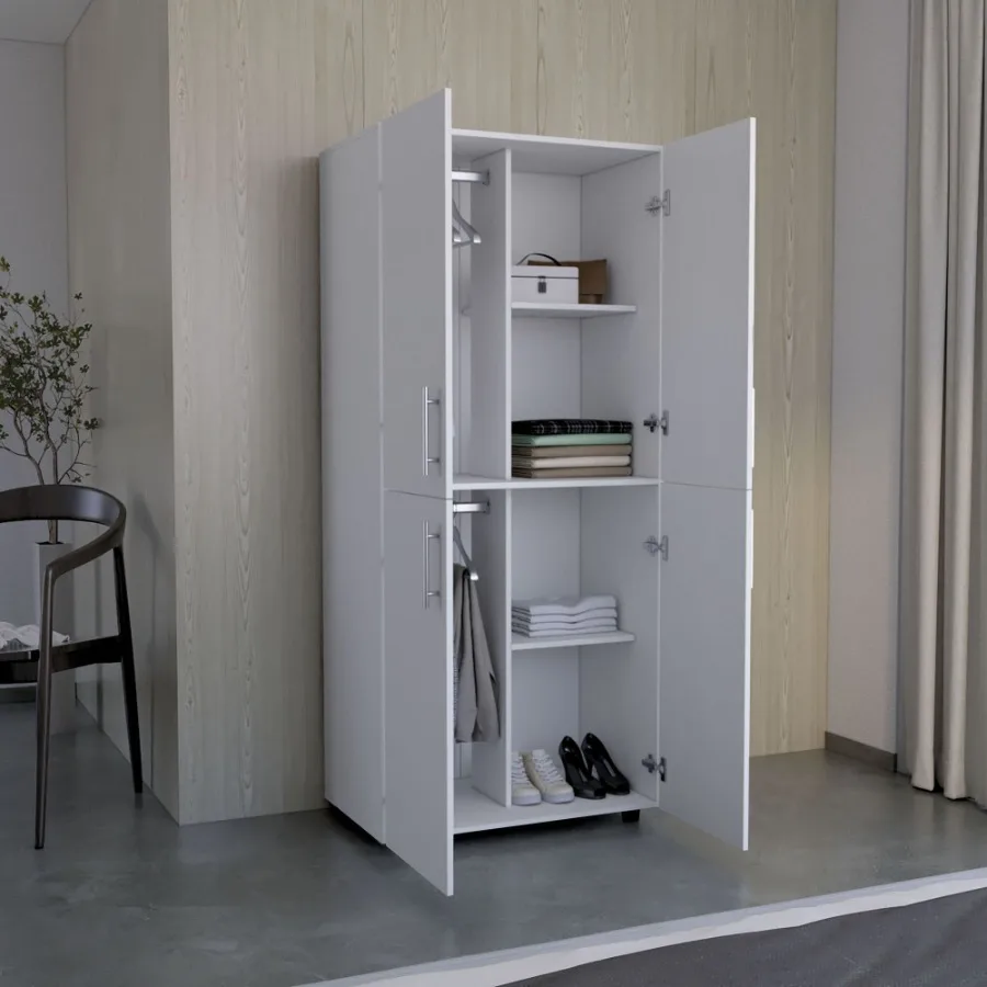 خزانة الدولاب 70 بوصة ارتفاع أبواب مزدوجة 6 أرفف 2 قضبان تعليق بيضاء #3