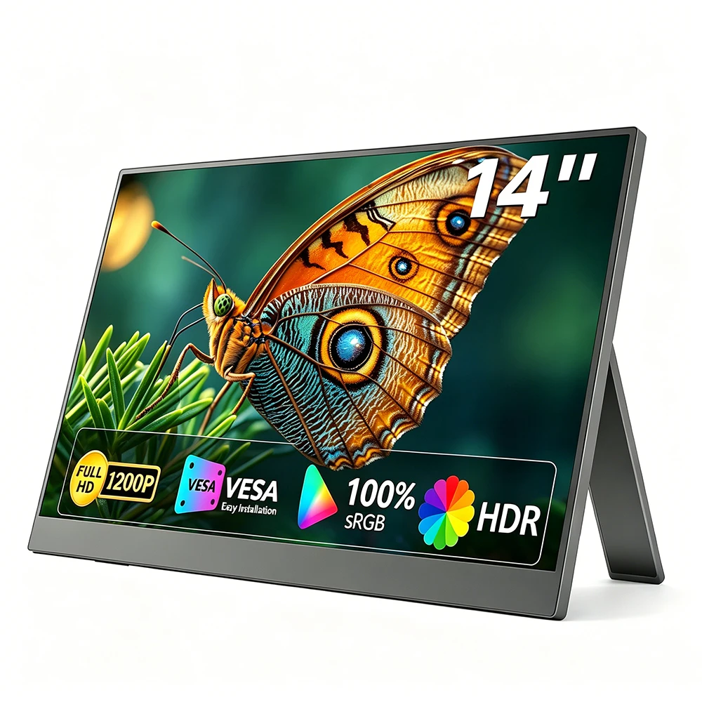 14" 19201200P FHD IPS Portable Monitor, HDR Ultra-Thin External Secondary Display for Laptop, Gaming, Office & On-the-Go Use