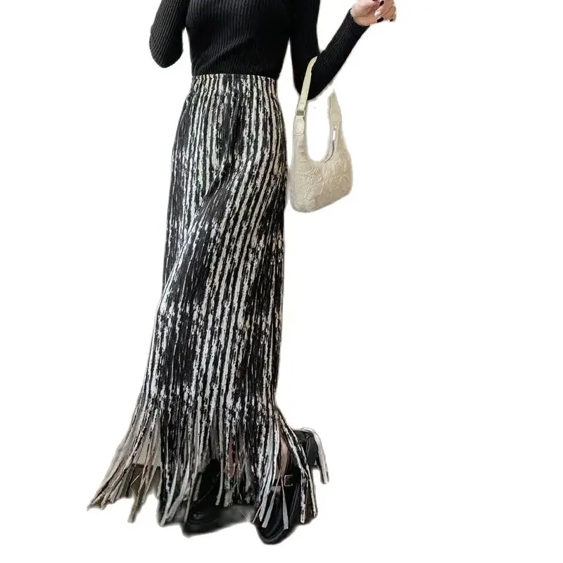 Tie-Dyed Tassels Pleated Skirt Chic Long Skirts For Women Printed Tassel High Waist Female Sheath Skirt Ladies Maxi Skirt