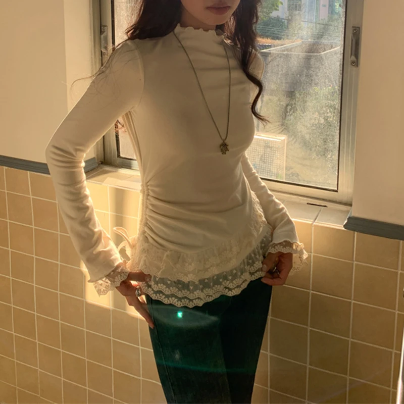 Chic dentelle Patchwork à manches longues T-shirt chemise de Base pour les femmes hiver mince demi-col haut pull