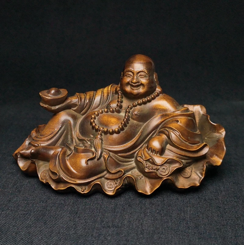 

1919 Antique art Size 3.8 Inch Old Chinese Hand carved Boxwood Wood lotu leaf Maitreya Buddha Statue Decoration Gift collectable