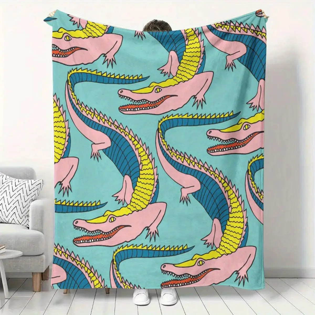 1pc Ultra-Soft Crocodile Scale Flannel Blanket - Turquoise Blue with Pink & Golden Crocodiles Thick All-Season Bedspread