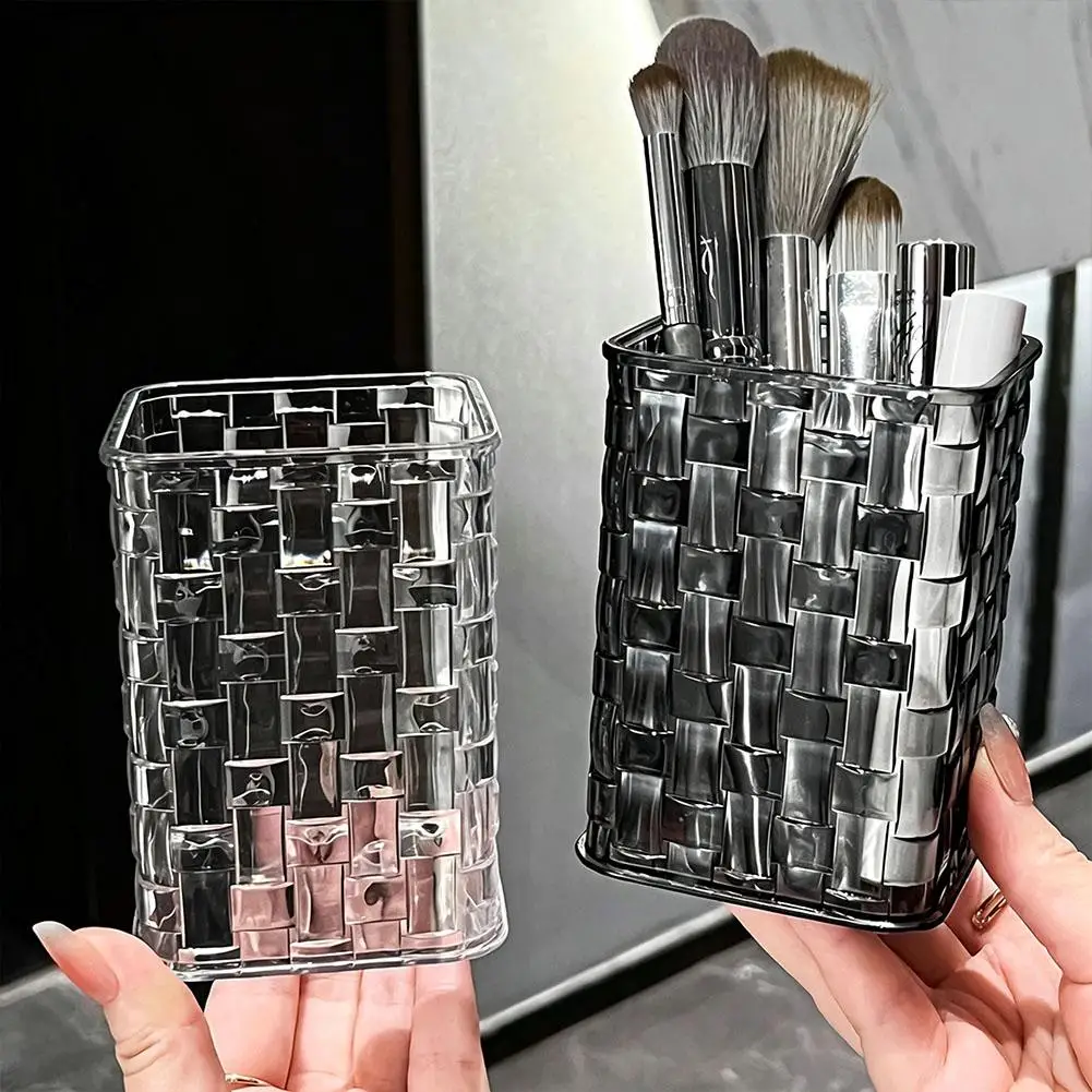 Clear Makeup Brush Organizer Decor Braided Texture Cosmetic Storage Box for Brushes, Lipsticks & Eyebrow Pen No Lid