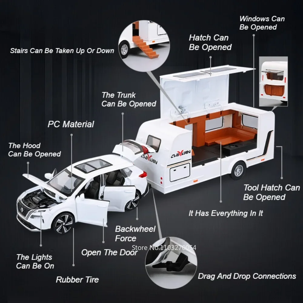 1:32 Alloy X-Trail Camping Trailer RVของเล่นรถDiecast 7 ประตูเปิดเสียงแสงดึงกลับของขวัญตกแต่งสําหรับชาย