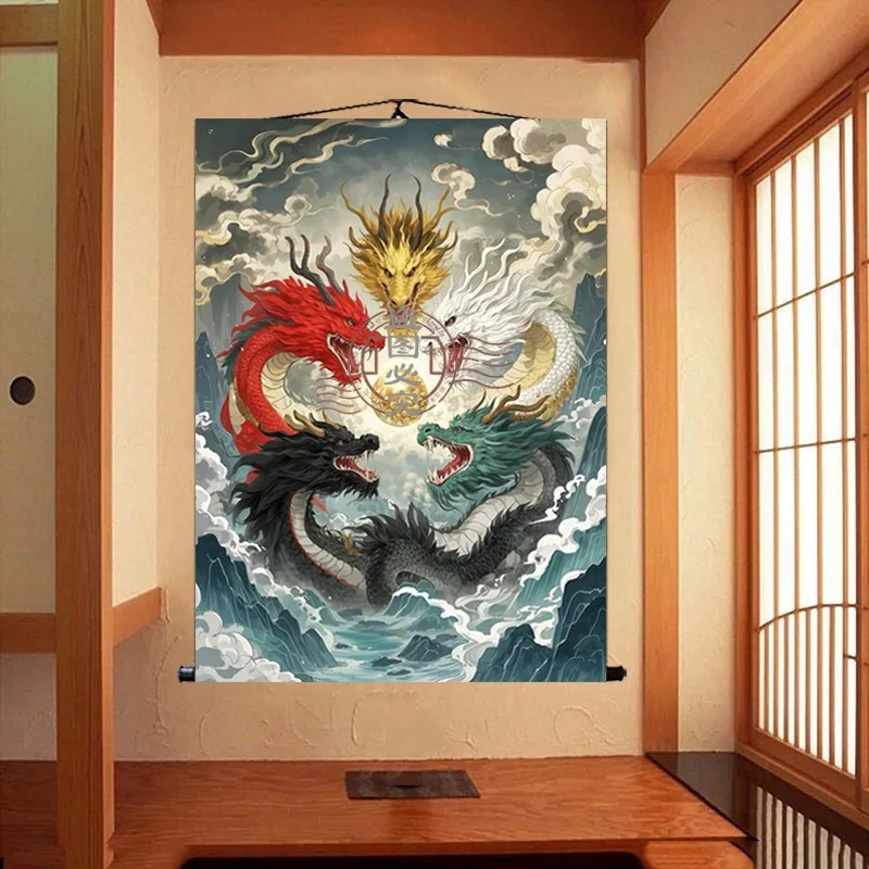 Five Dragons Feng Shui Wall Art Golden Red Black Azure White Dragon Painting Canvas Living Room Entryway Wealth Decor