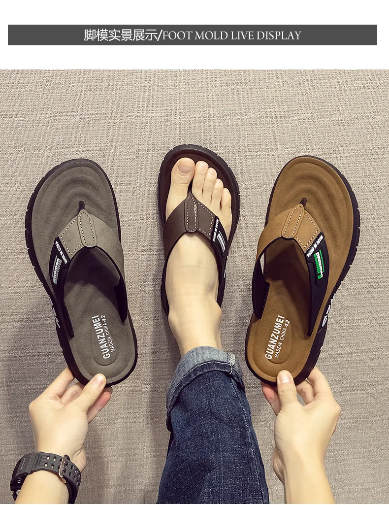 Herren-Leder-Flip-Flops, Sommer-Neuheit, rutschfest, dicke, weiche Sohle, verschleißfest, lässige Sandalen für Zuhause, draußen, Strand – Detail 13