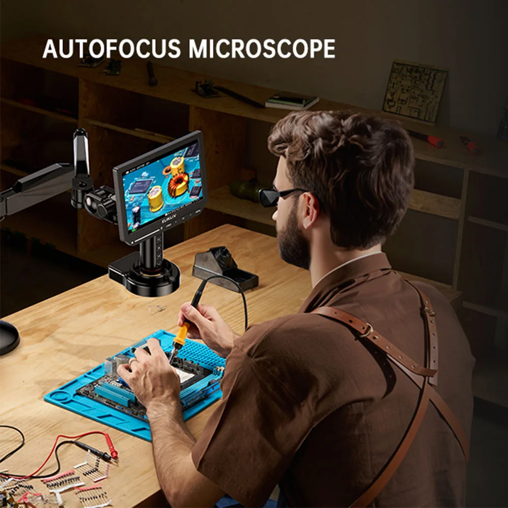 Elikliv EM4K-AF Flex 10.1'' Autofocus Digital Microscope with Arm Soldering Microscopio for Electronics 2000x IPS 52MP Watchmaking Magnifier Whole Coin View for Coin Collectors Repair Mat 16G