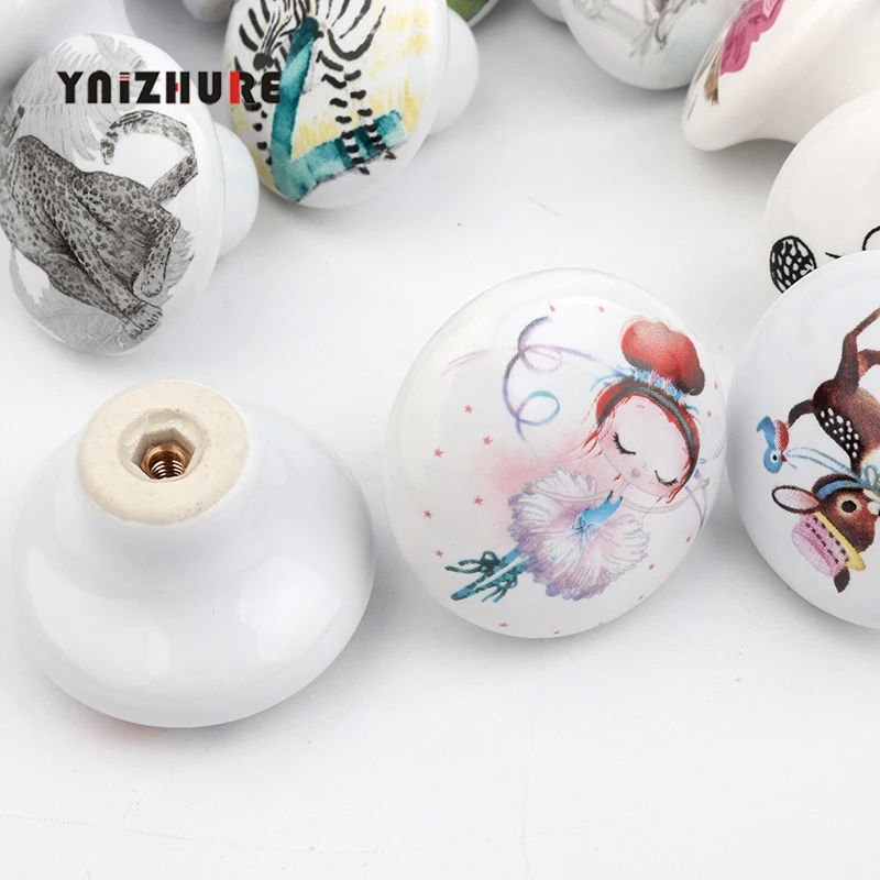 Nordic Ceramic Cute Cartoon Printing Animals Knobs Wardrobe Kitchen Garden Door Handle Modern Cabinet Handle for Furniture