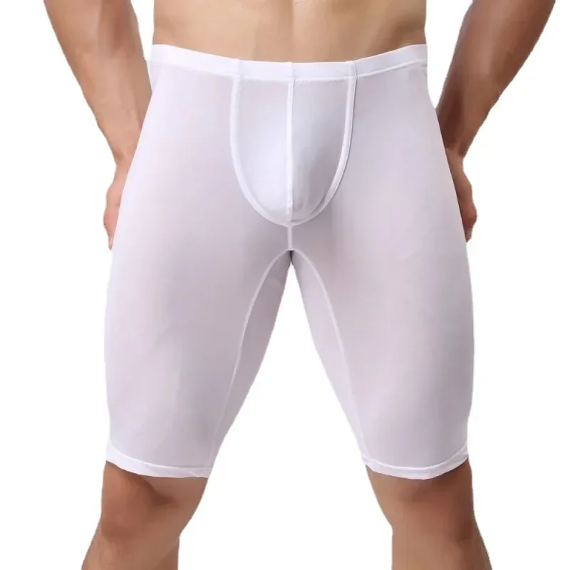 Men Ice Silk Boxer Briefs Ultra-thin Leggings Shapewear Pants Youth Mid Pants See Through Bulge Pouch Hip Lift Breathable Shorts