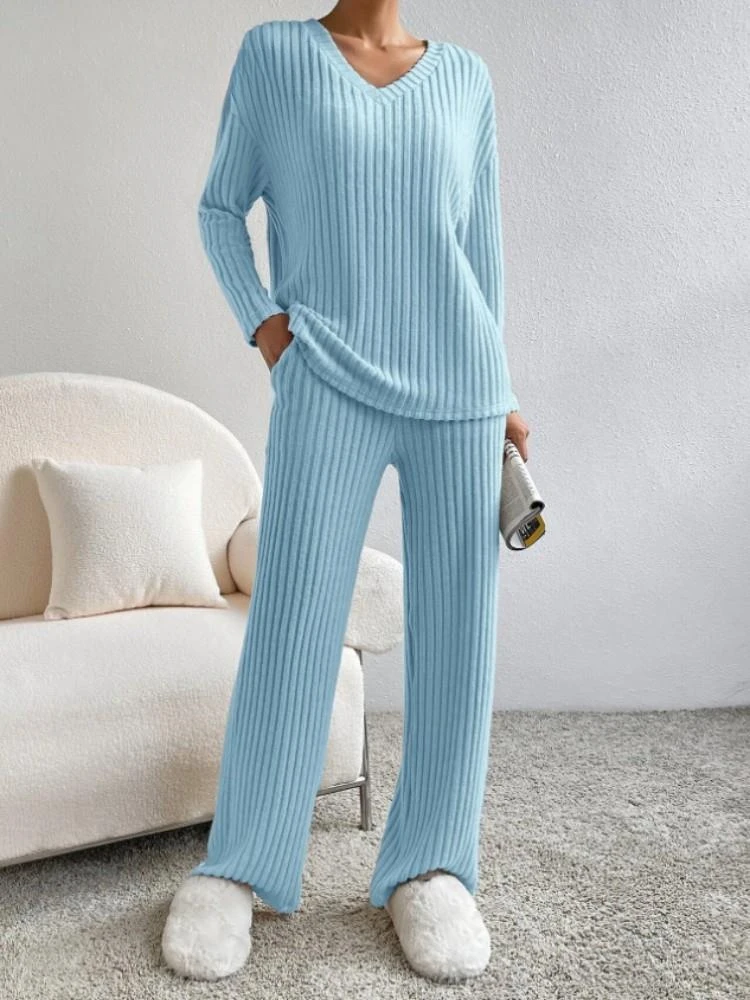 Women Winter Pajamas 2 Piece Sets Long Sleeve V-neck Knitted Home Clothes Elastic Waist Loose Pants Solid Female Suit