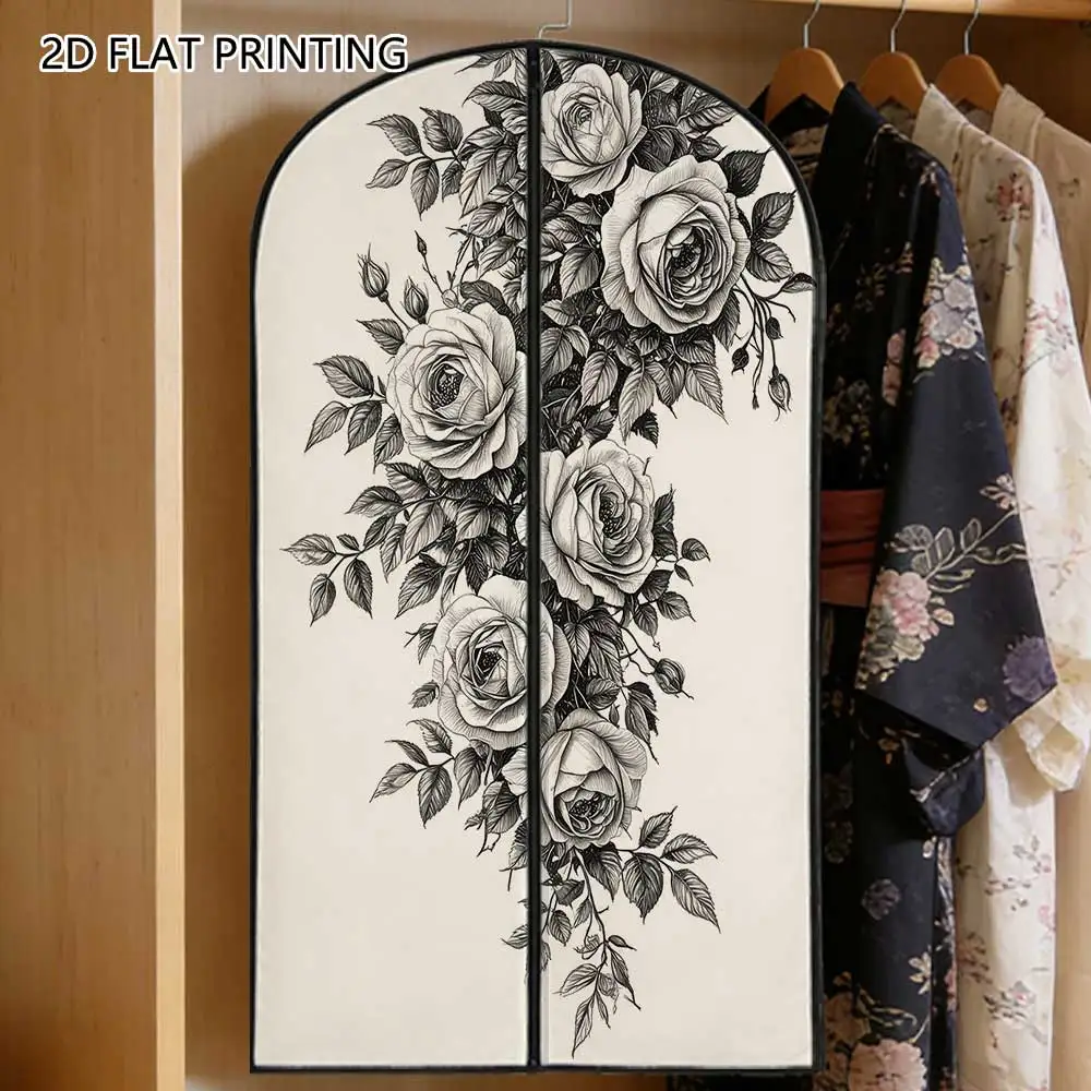1pc Black White Rose Drawing Compressed Dust Cover Clothes Compression Hanging Storage Bag Household Wardrobe Organizer