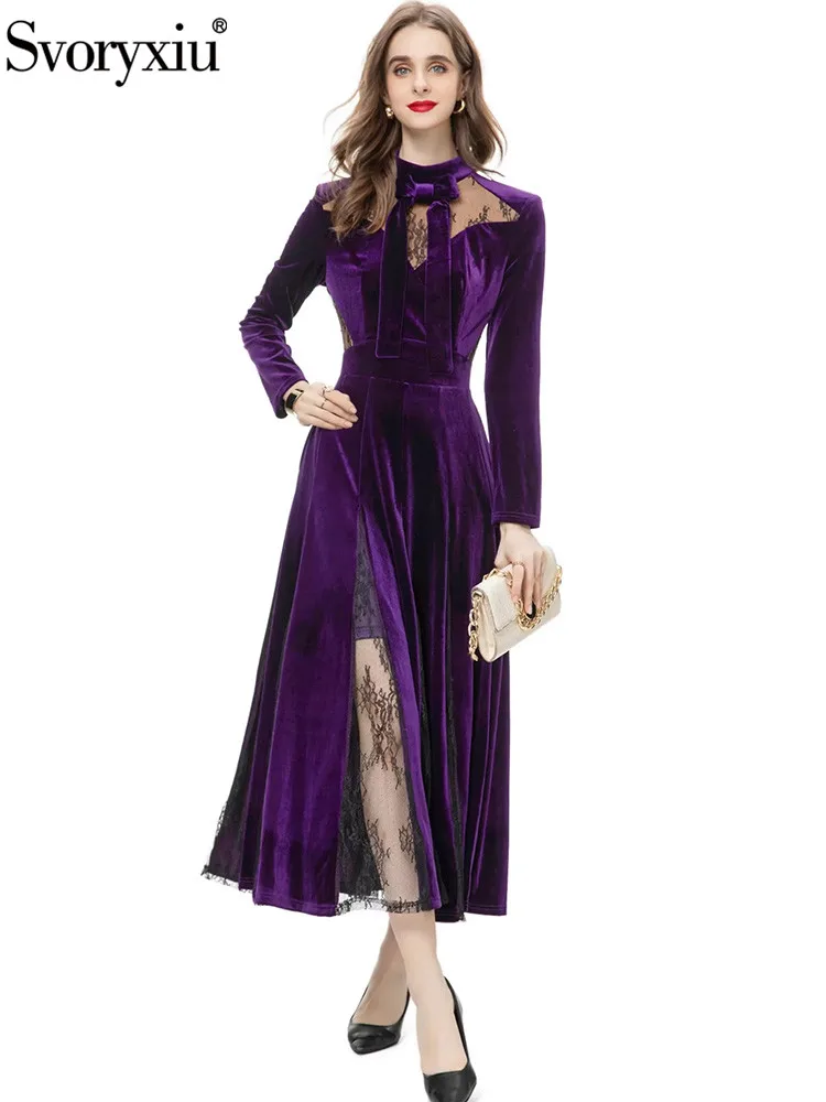 Svoryxiu Fashion Designer Autumn Party Dark Purple Vintage Long Dress Women\'s Butterfly-knot Stand Collar High Waist Long Dresss