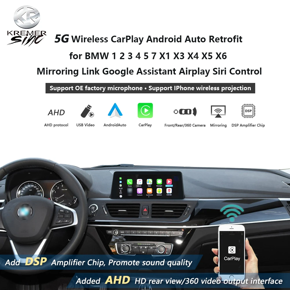 

Беспроводная автомодернизация CarPlay Android для BMW 1 2 3 4 5 7 X1 X3 X4 X5 X6 Ссылка для зеркального отображения Google ассистент Airplay управление Siri