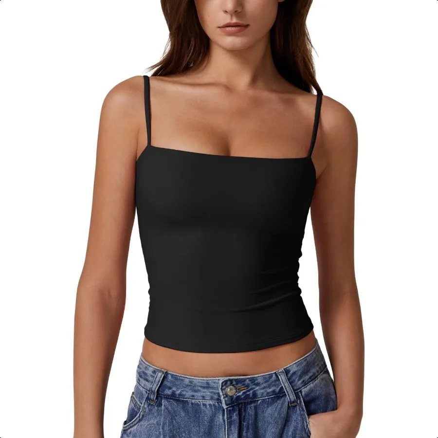 

QINSEN Women's Double Lined Basic Tank Top Adjustable Spaghetti Straps Sleevel Camisole Shirts