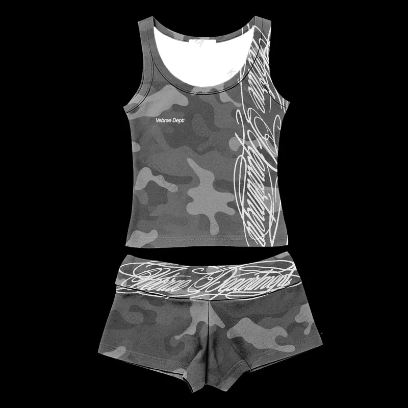 European and American High Street Camouflage Printed Vest and Shorts Set Women Spicy Girl Slim Fit and Slim Casual Two-Piece Set
