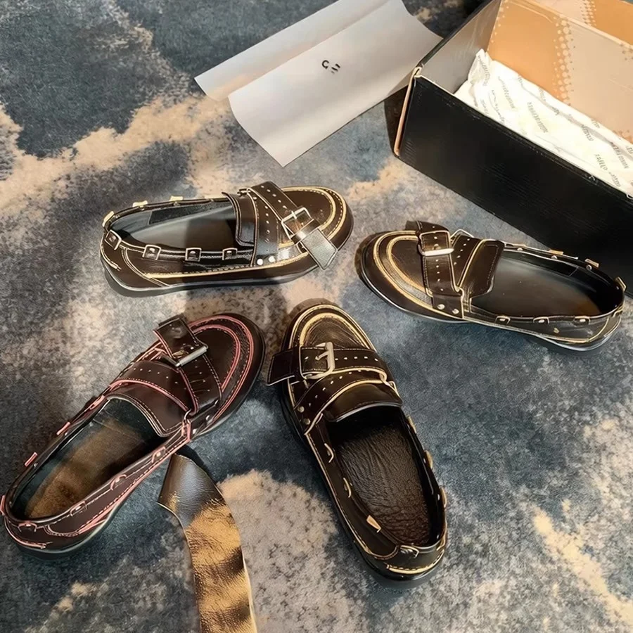 Retro Round Toe Flat Shoes Shallow Mouth Belt Buckle Design Single Shoes Step On Mary Jane's Women's Shoes Soft Soled Flat Shoes