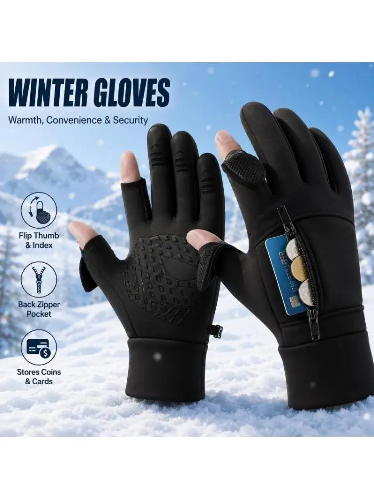 AliExpress NONE Winter Gloves with Zipper Pocket, Flip Thumb & Index Finger Warm Touchscreen Gloves for Cycling Outdoor