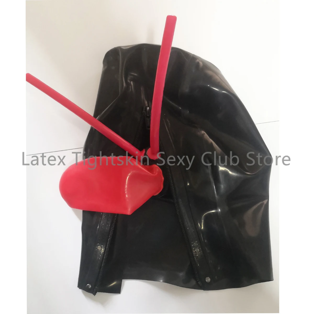 Latex Fetish Hood Sexy Rubber Mask with Red Mouth Sheath Long Nose Tube Back Zipper Handmade