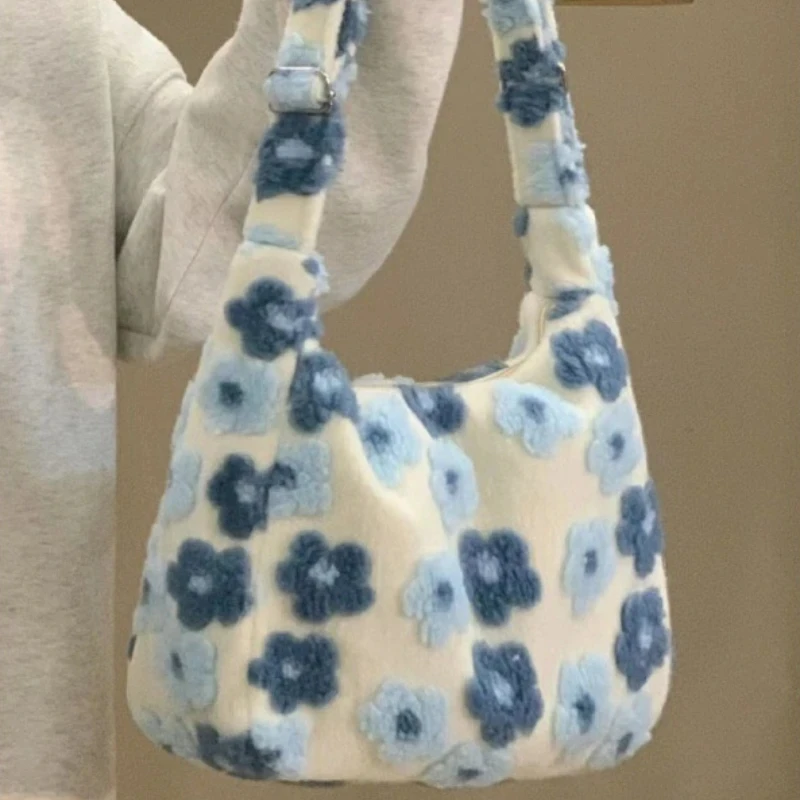 

Xiuya Kawaii Large Capacity Plush Crossbody Bag Blue Flowers Soft Fashion Shoulder Bag Casual Youthful Cute Fall Winter Handbag