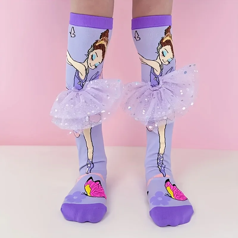 1 pair of ballet girl butterfly pattern children's stockings, sweet wind, socks with glitter gauze skirt decoration.