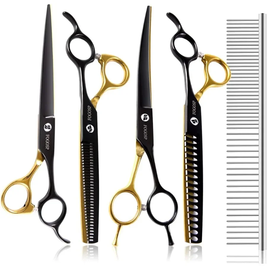 Dog Grooming Scissors Kit for Small Dogs Black and Gold TwoColor Blender Shears Chunker Shears Curved Scissors Straight Scissor
