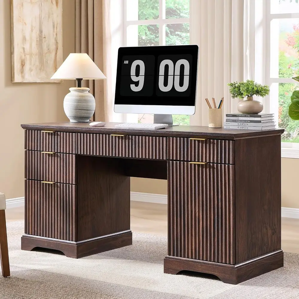 58 Walnut Executive Desk with 5 Drawers and 1 Cabinet, Built-in Outlet for Computer Writing Desk or Study Area